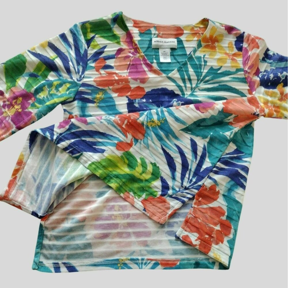 Alfred Dunner Womens Petite PS V-Neck Floral Print Top 3/4 Sleeve Tropical Print - Picture 9 of 9